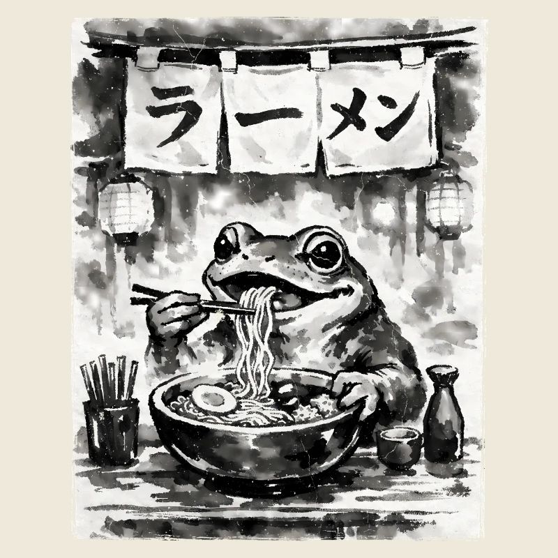 Ramen Noodles Frog Sumi-e Ink Drawing