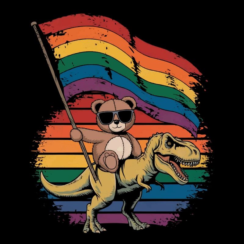 Teddy Bear Rides Dinosaur LGBTQ Rainbow Banner