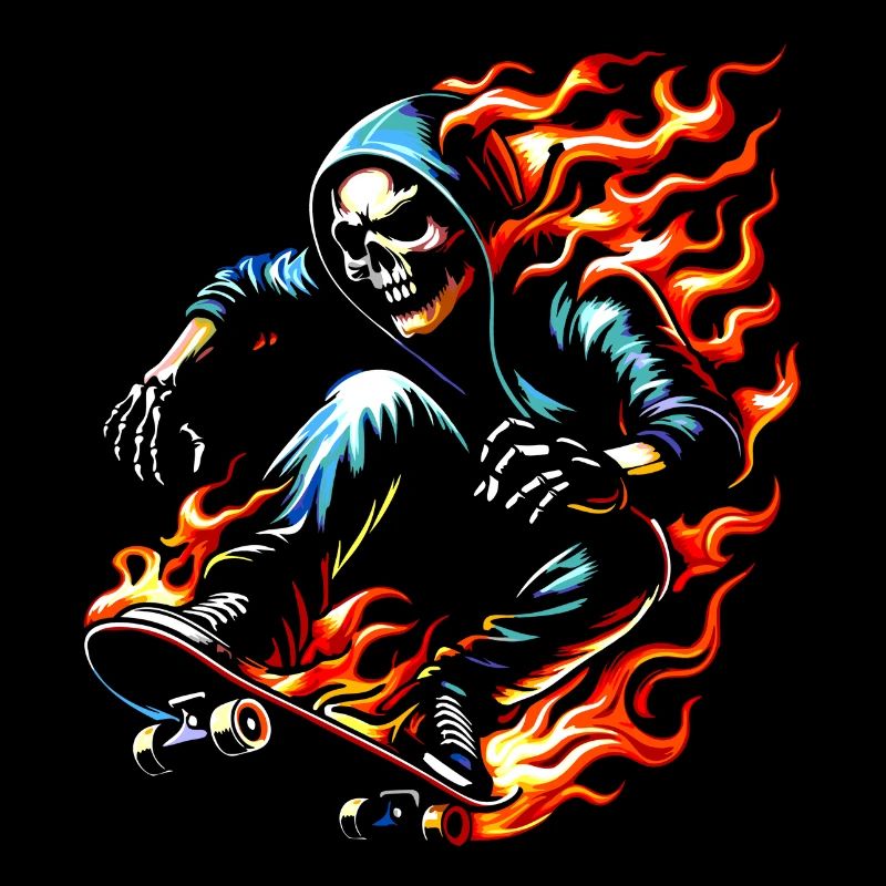 Squelette de crâne sur skateboard