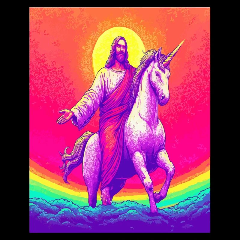 Jesus reitet Einhorn – Regenbogen Fantasy Kunstdesign