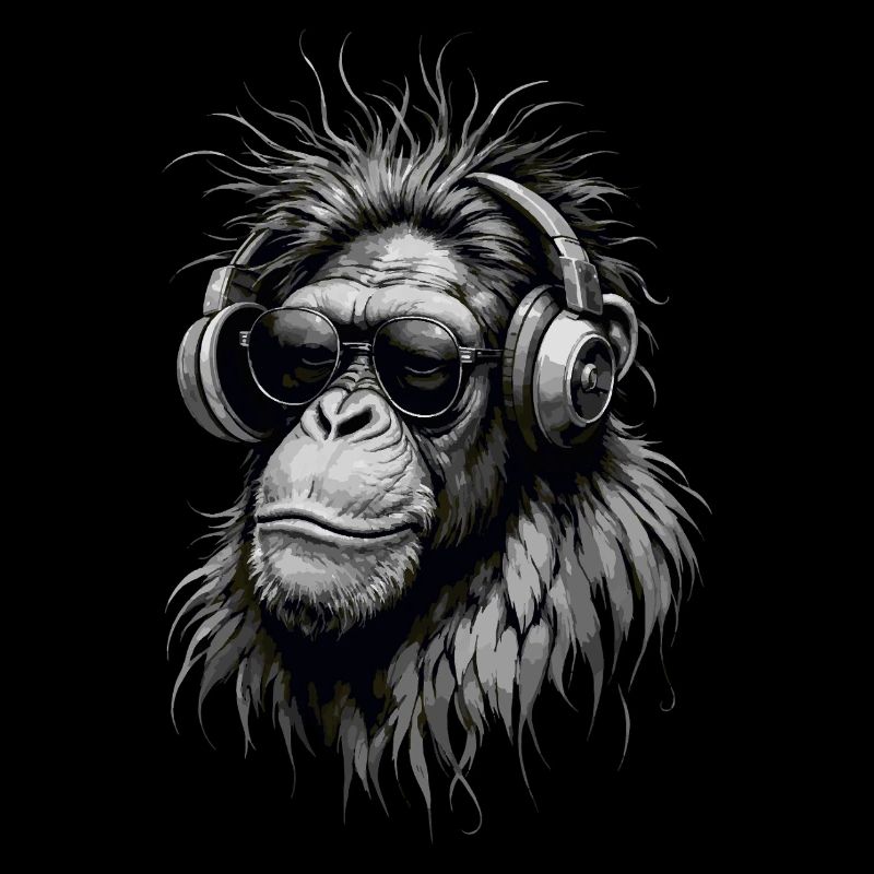 Cool Music Monkey avec casque - Niveaux de gris
