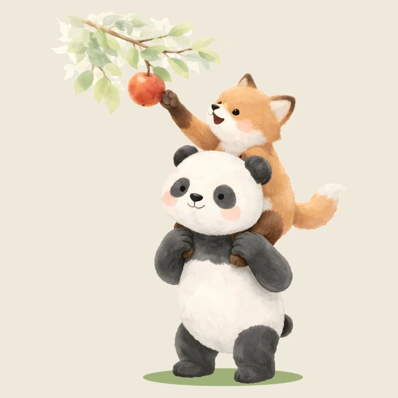 Panda und Fuchs mit Apfel Illustration