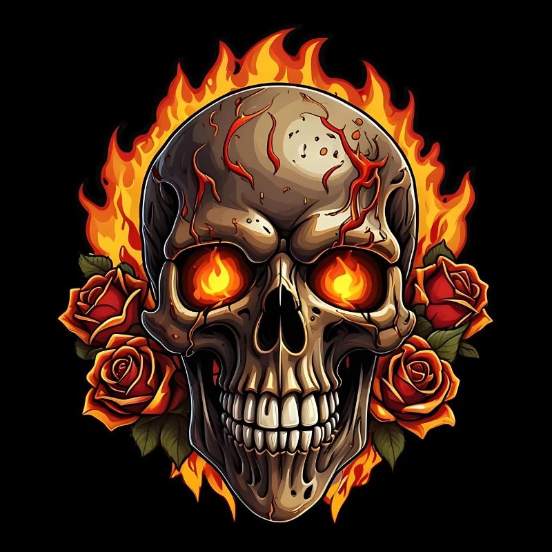 Skull with Fire and Red Roses Burning Skull