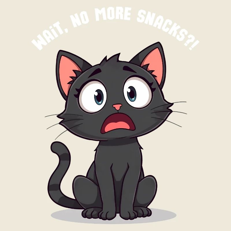 Shocked Black Cartoon Cat – Wait, No More Snacks?!