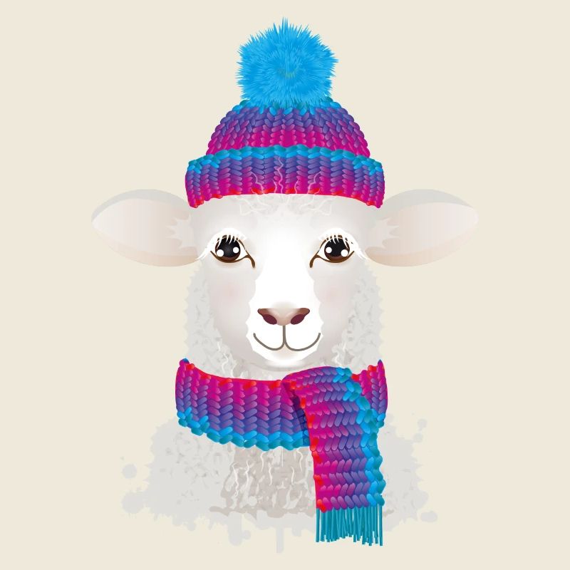 mouton blanc avec chapeau à bobble coloré et écharpe tricotée