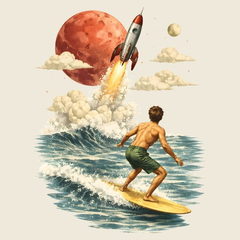 Surreal surf motif with rocket and moon