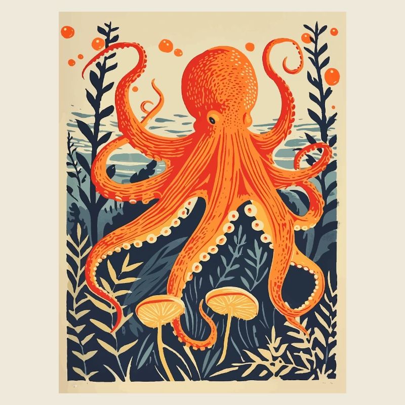 Oktopus-Linoldruck
