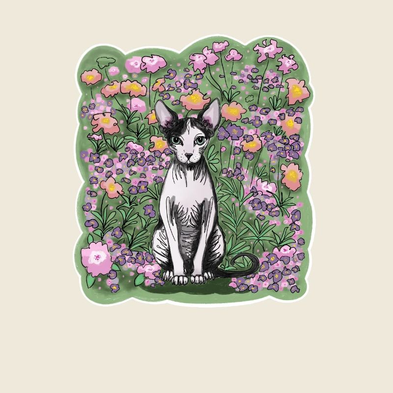 Illustration einer Sphynxkatze zwischen Blumen