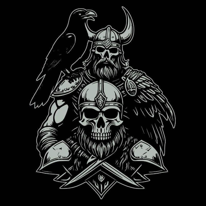 Wikinger mit Schwert und Rabe auf Schädel