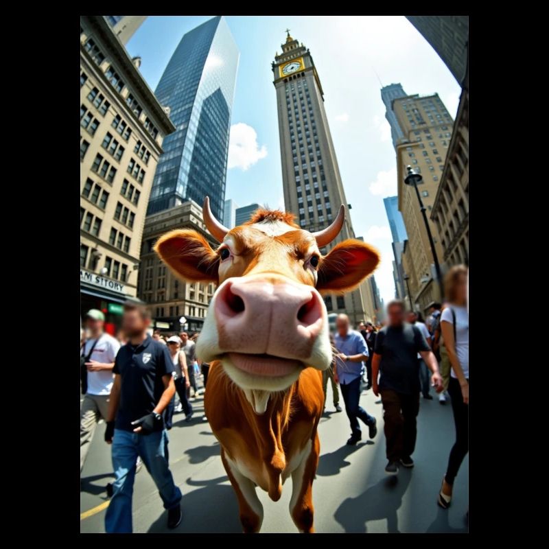 Selfie de vache drôle dans une ville animée