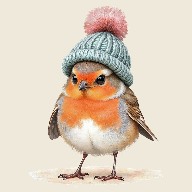 Robin in Strick-Wintermütze