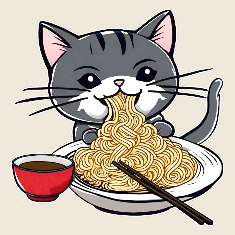 Chat mignon avec nouilles ramen