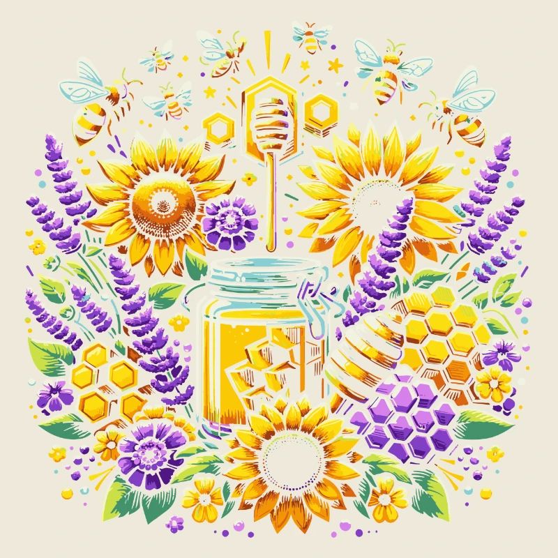 Vibrant, colorful artwork with bees honey