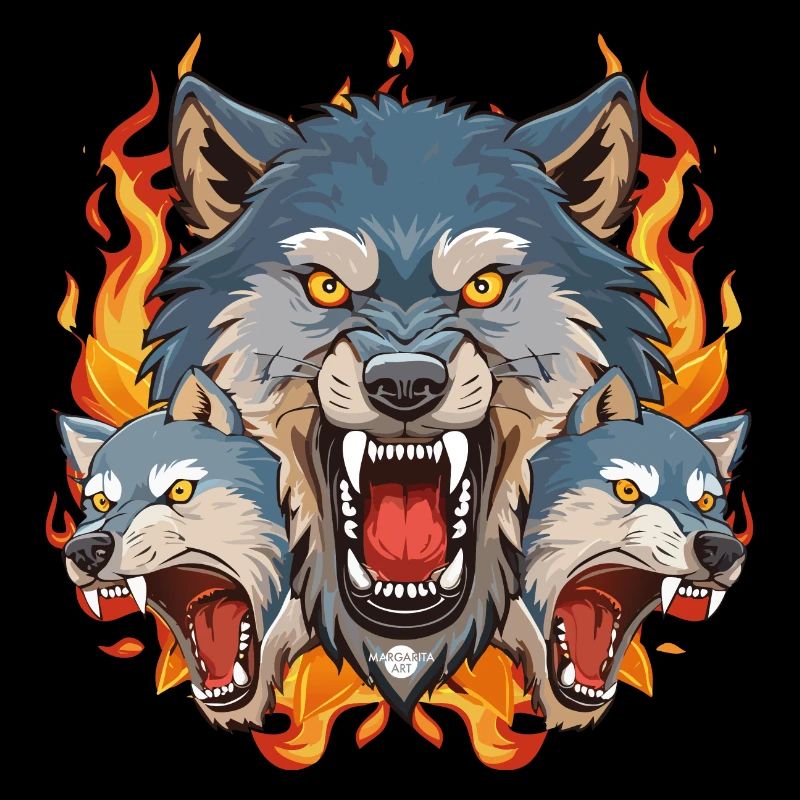 01 Bad Wolf Pack Loups Tête Feu Flammes