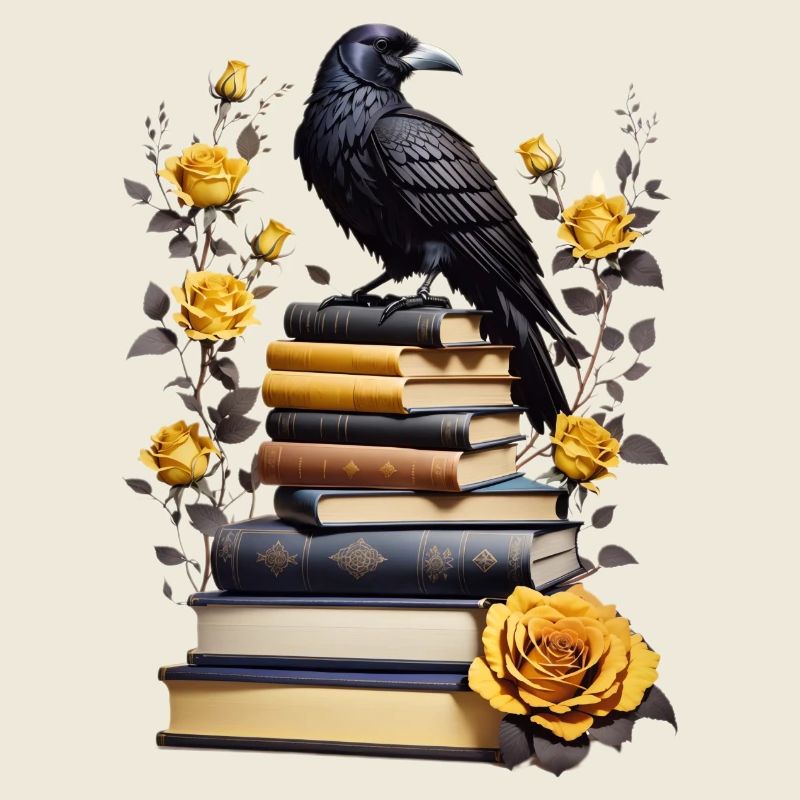 Pile de livres avec corbeau