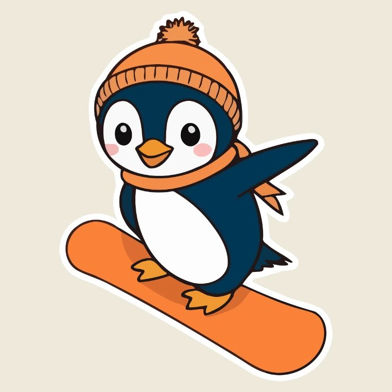 Pingouin sur un snowboard