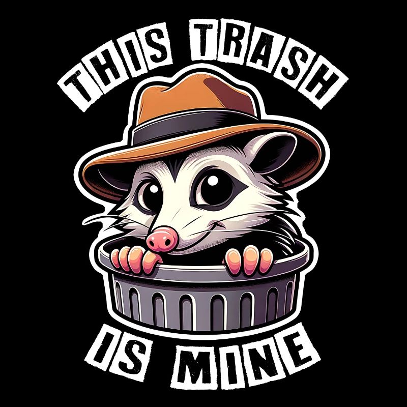Trash possum with hat looking out of the garbage can