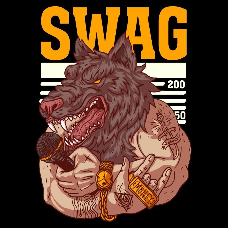 Rapper mit Wolfskopf und Tattoos