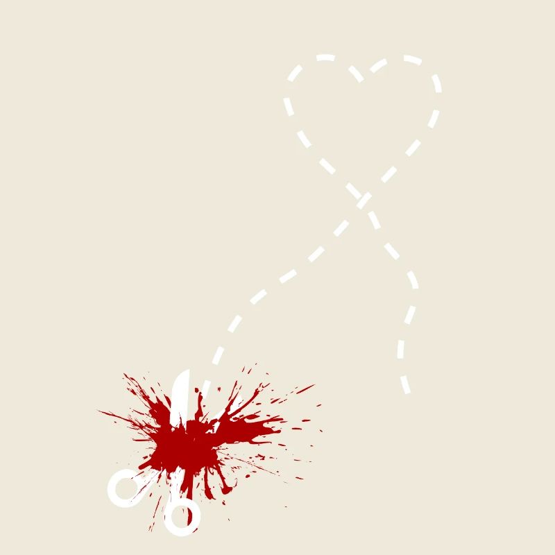 Ici le cœur coupé, les ciseaux, le sang, la blessure, la douleur,