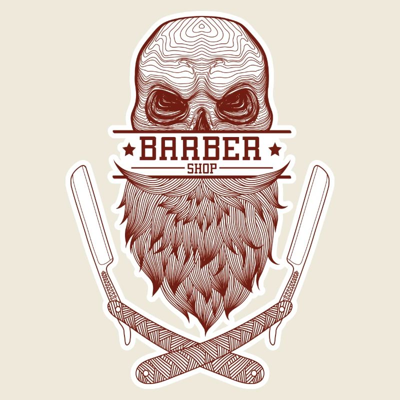 A skull with a beard, framed by razor blades.