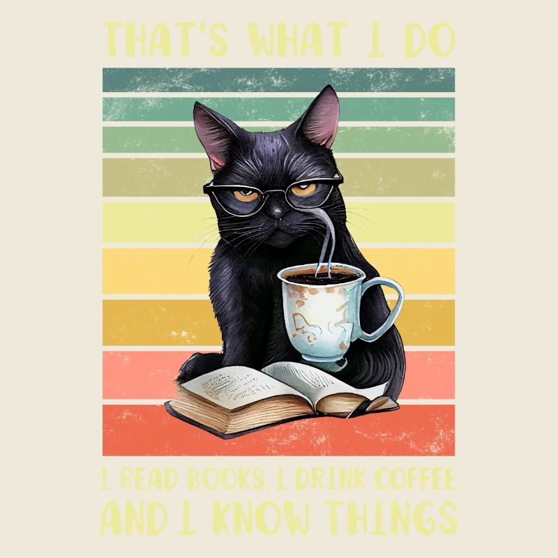 Schwarze Katze mit Kaffee und Buch