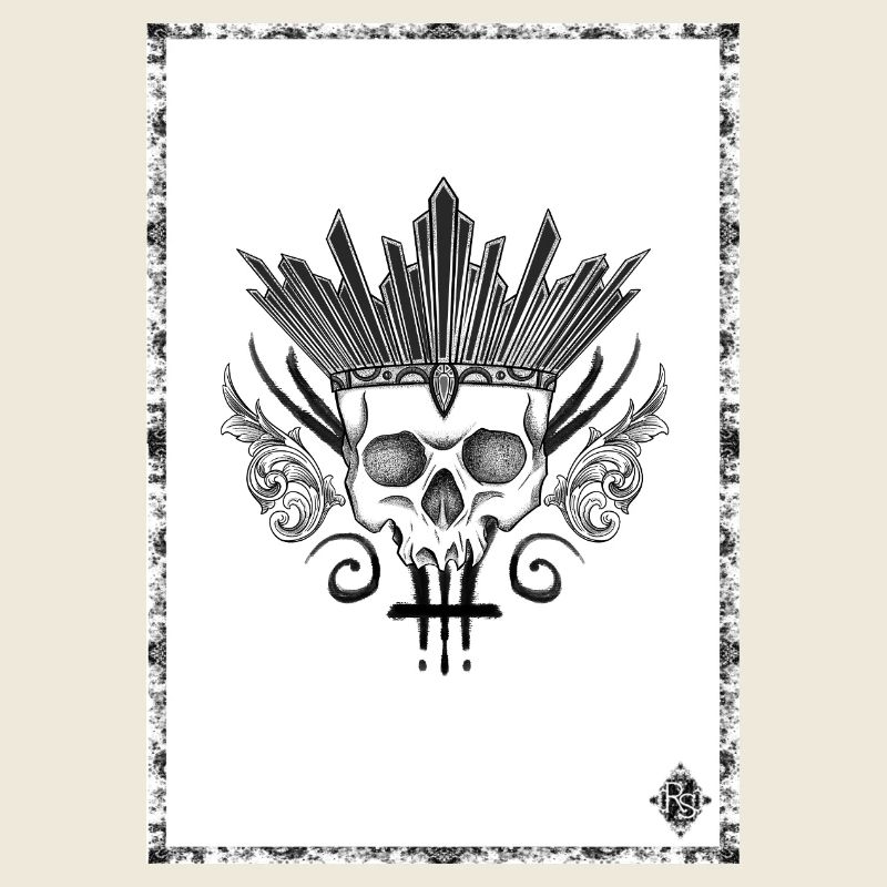 Skull crowned with black and white swords