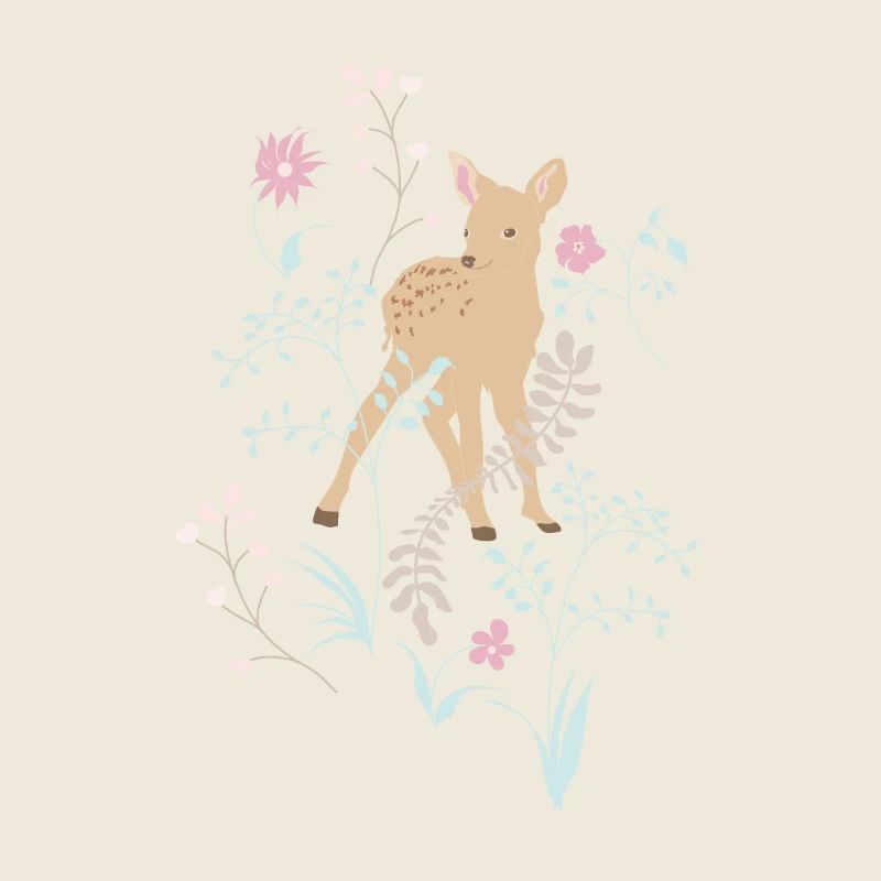 Mignon faon avec des fleurs et des plantes. Chevreuil.