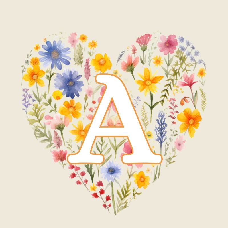 Lettre A, monogramme, fleurs de coeur