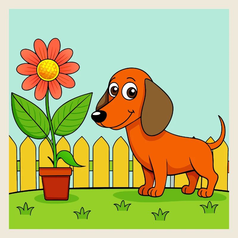 Neugieriger Dackel schnüffelt Blume im Garten