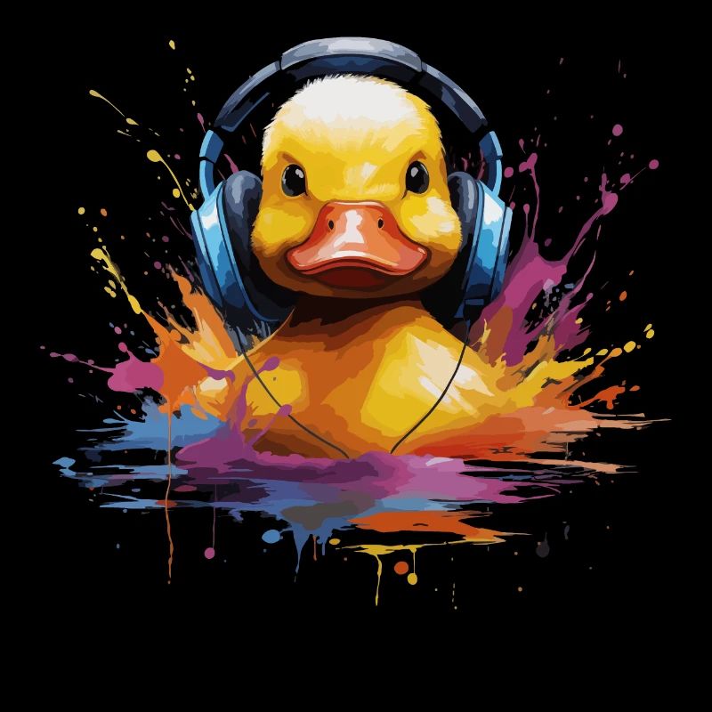 Canard en caoutchouc écoutant de la musique avec des écouteurs