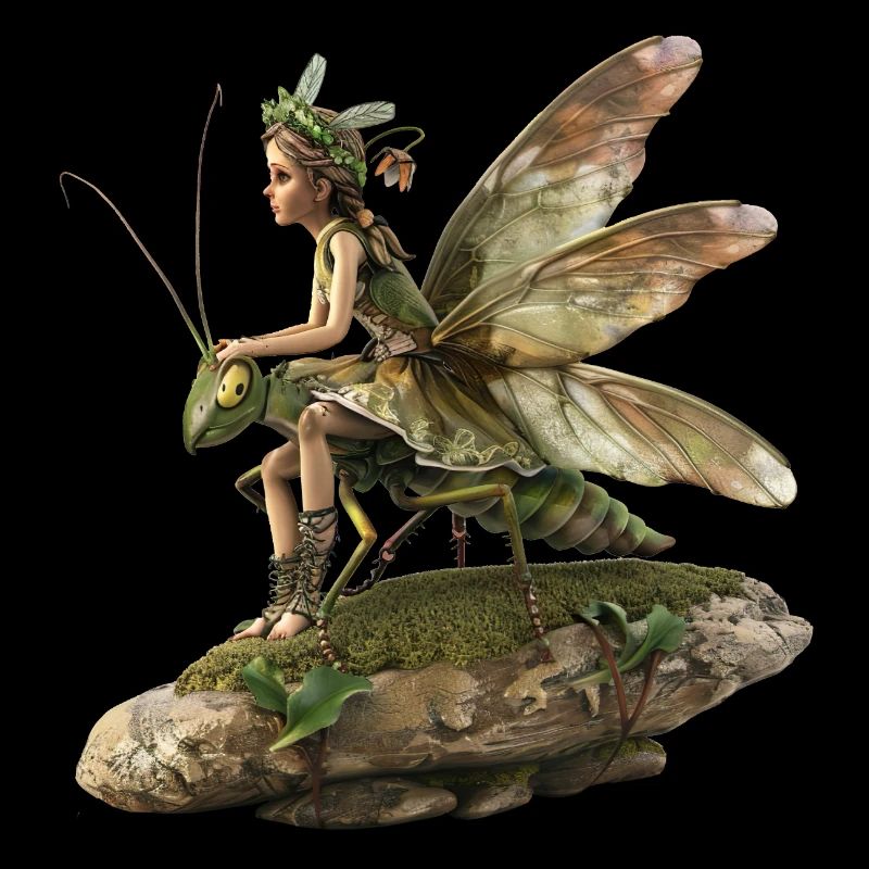 Une bonne fée monte un cheval de foin