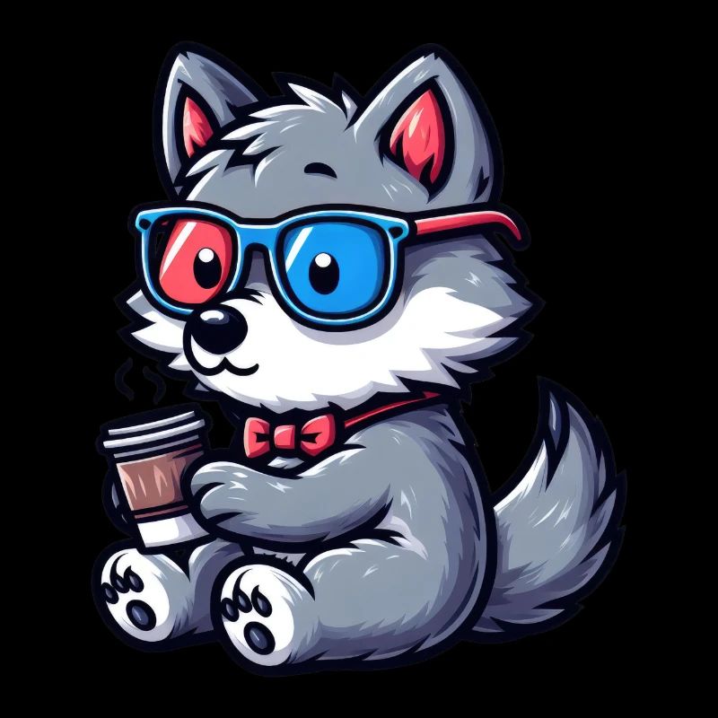 Wolf mit schneller Brille und Kaffee