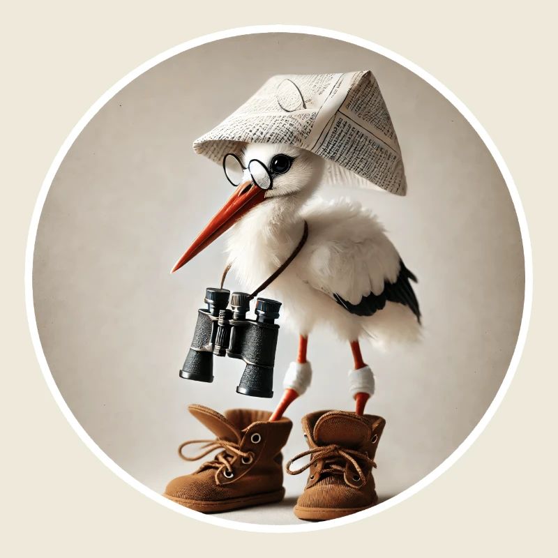 Storch mit Fernglas