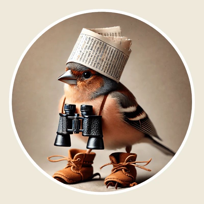Chaffinch with newspaper hat and binoculars