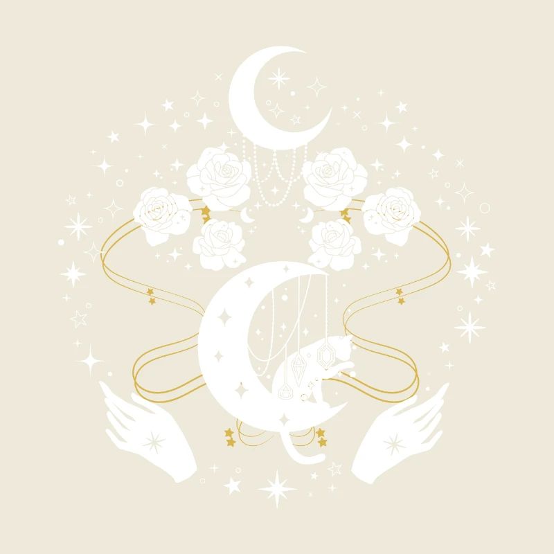 Chat magique avec la lune et les fleurs