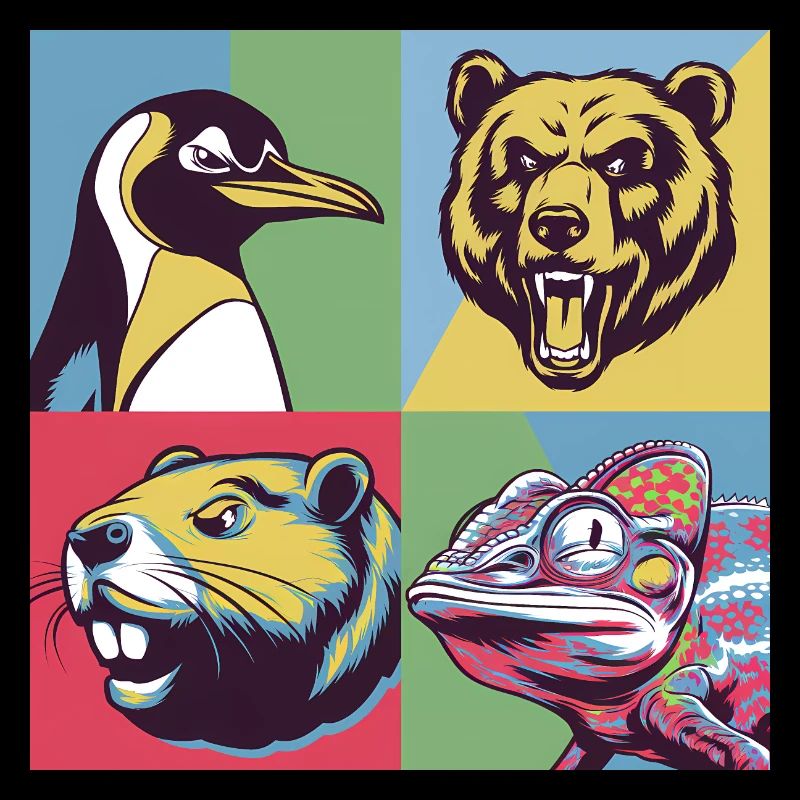 Pop Art Penguin Bear Beaver Chameleon Colorful Animals