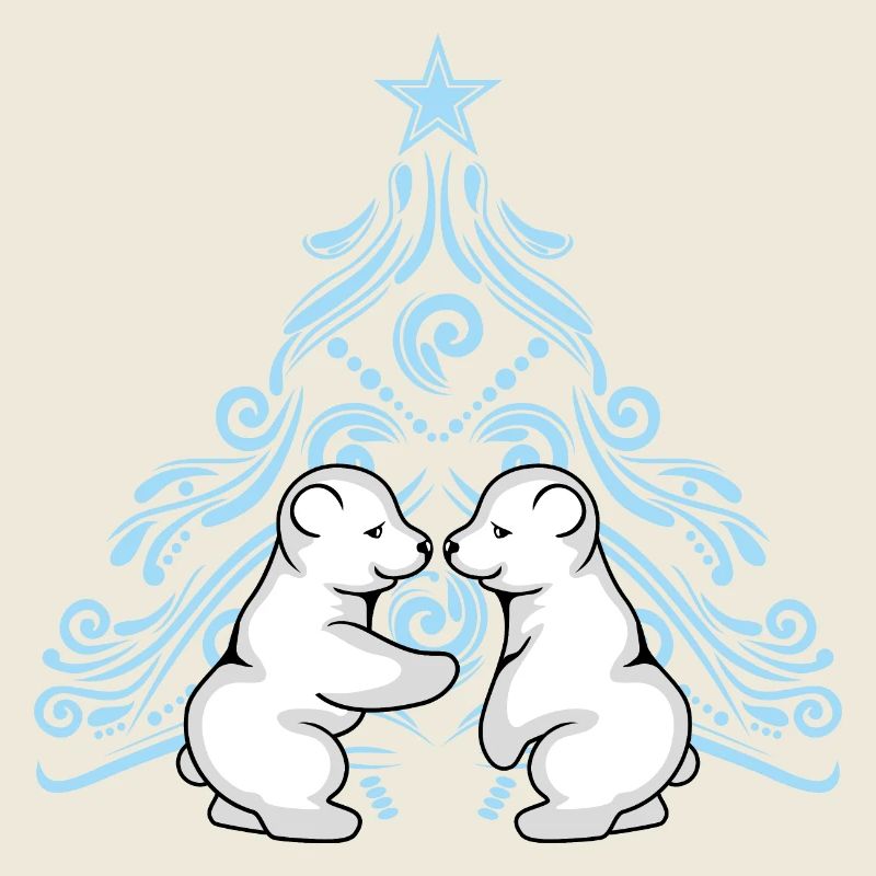 Two polar baby bears hugging near a Christmas tree