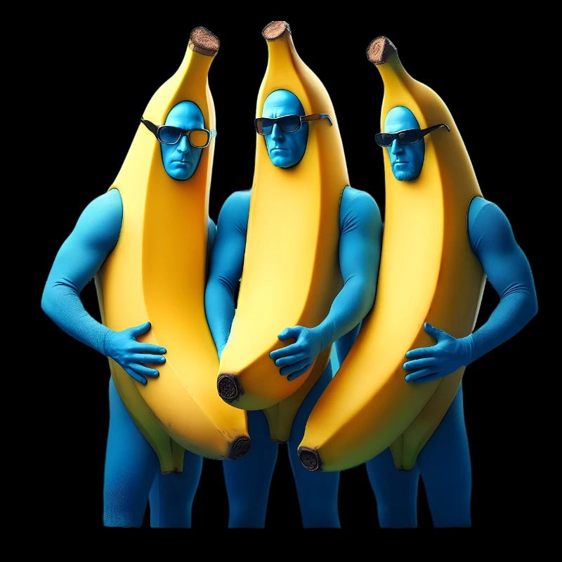 3 blaue Männer im Bananenkostüm