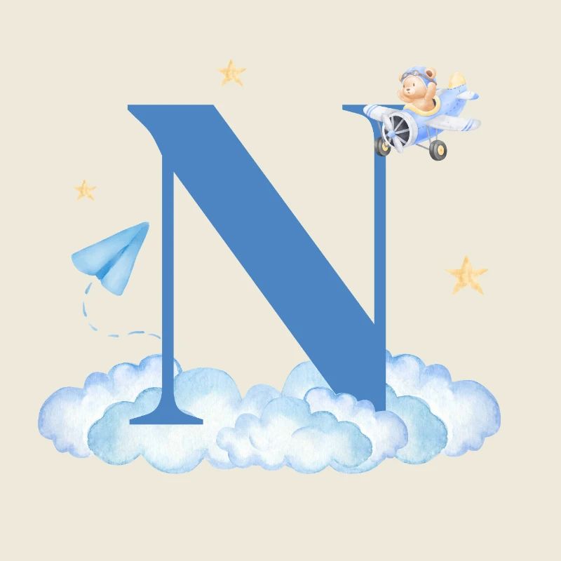 Letter n Blue Clouds Airplane Child
