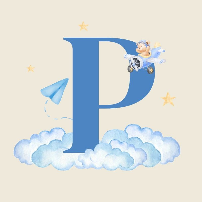Lettre p bleu nuages avion enfant