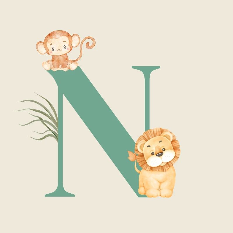 Letter n green jungle animals