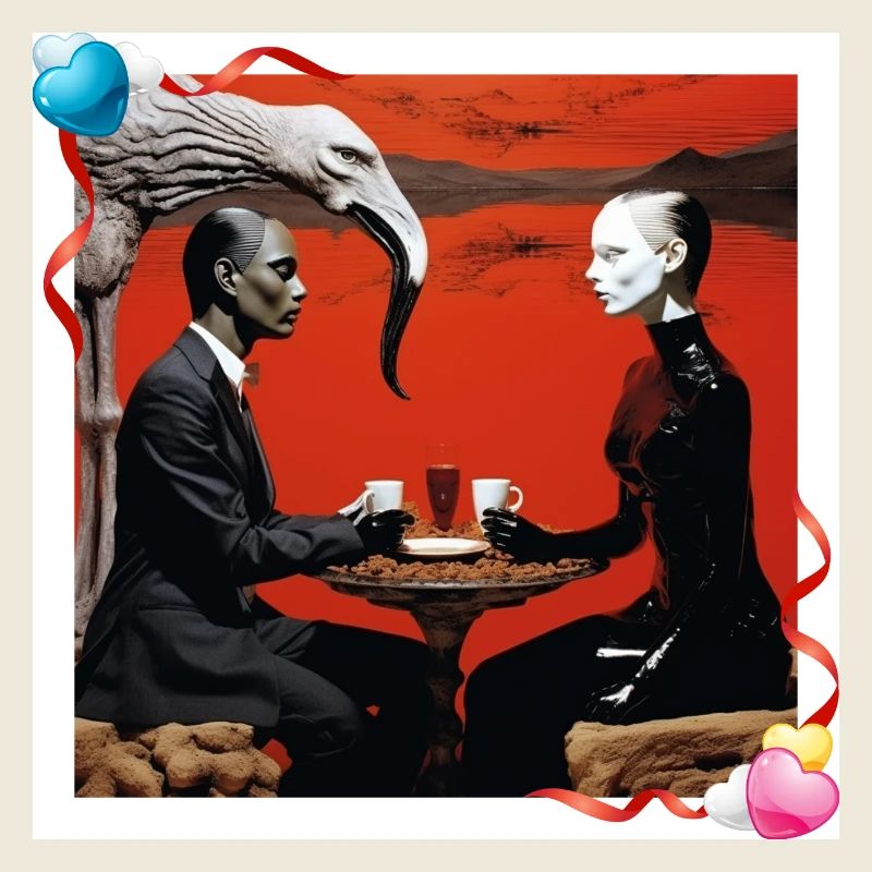Surréaliste Vitrine Poupées Couple Café Date Oiseau