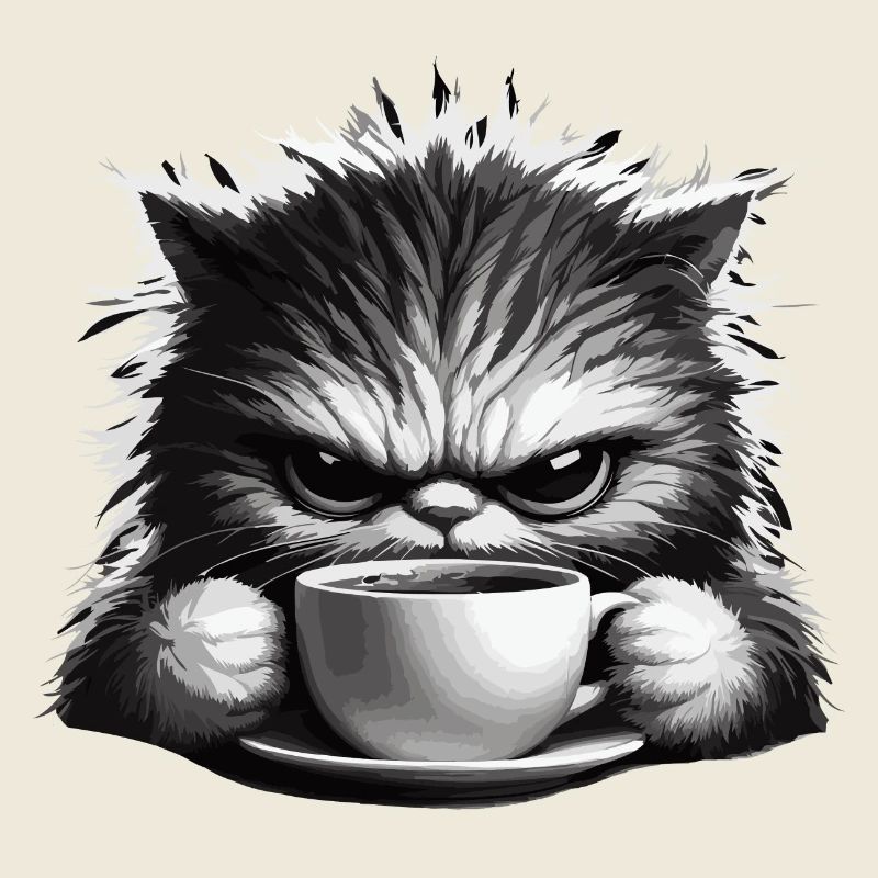 A nervous, sleepy cat with a cup of coffee.