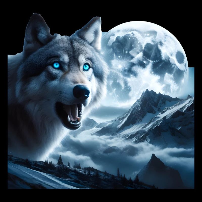 Wolf with blue eyes at full moon