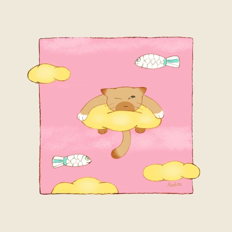 Cat on clouds with outstretched fish