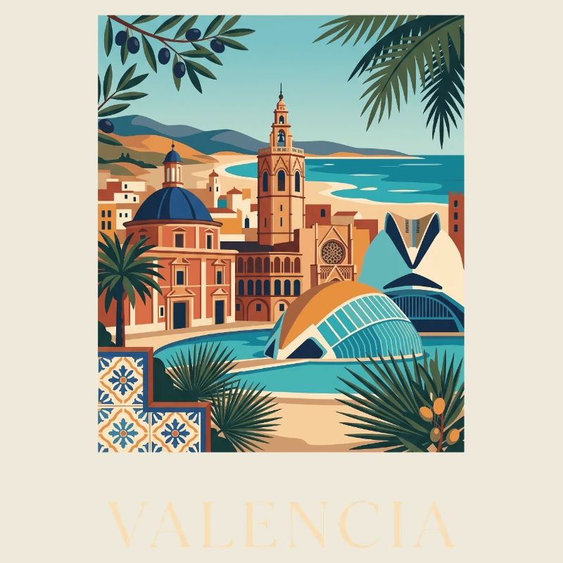 Affiche de voyage sur l’architecture côtière de Valence en Espagne