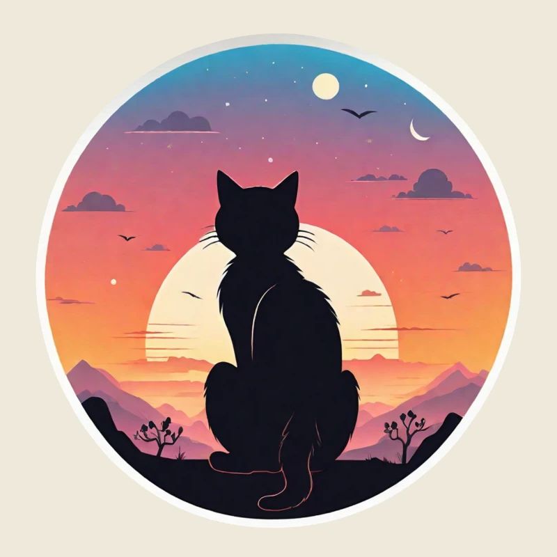 chat paysage et coucher de soleil