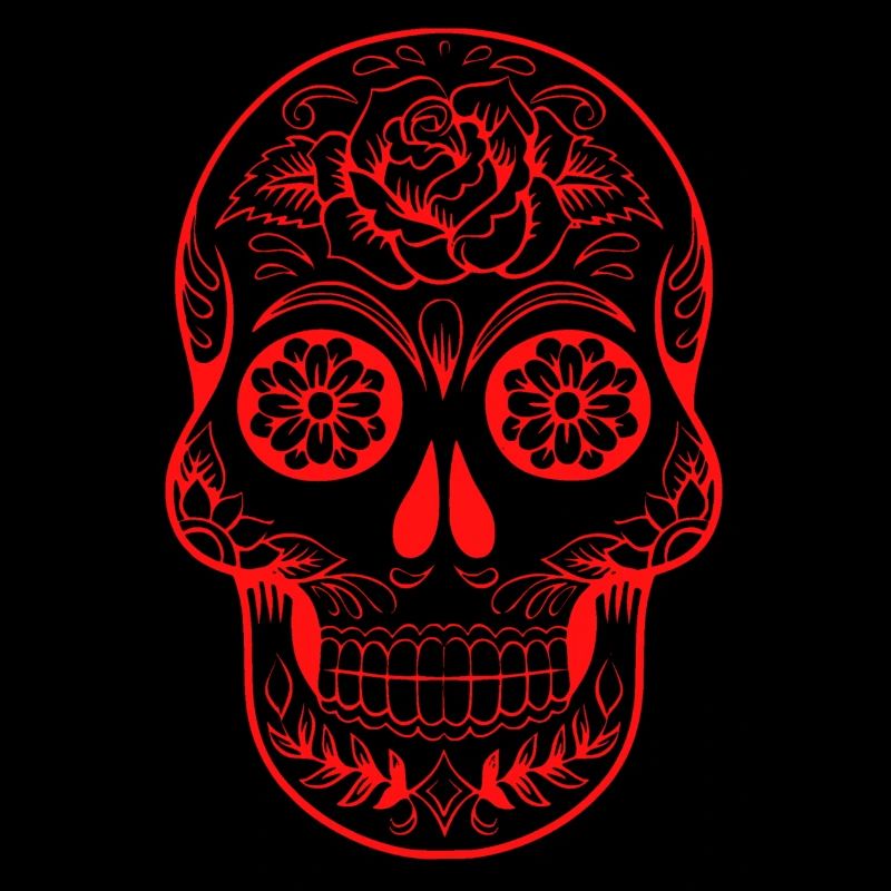 crâne rouge, orné de fleurs