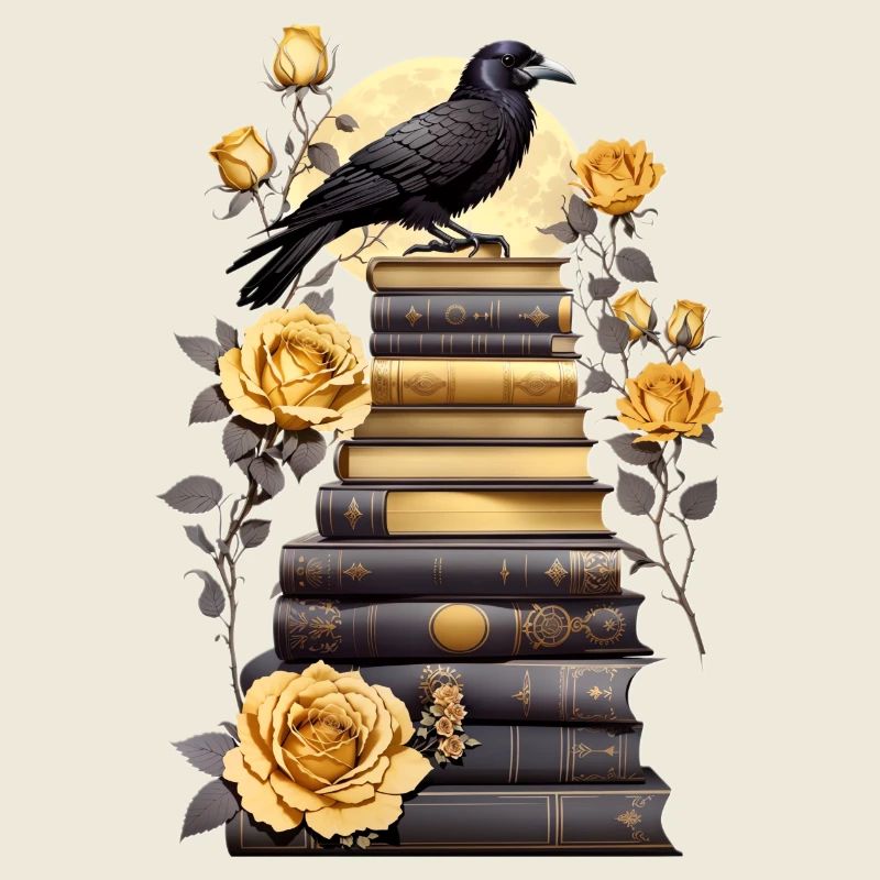 Stack of books with raven