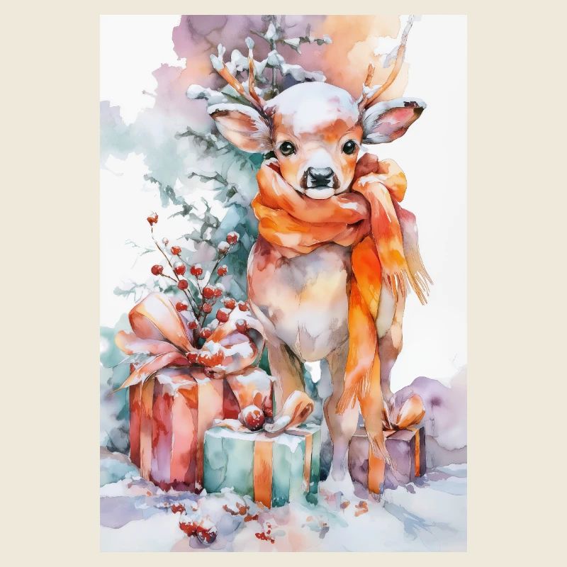 Aquarell Winterhirsch mit Geschenken